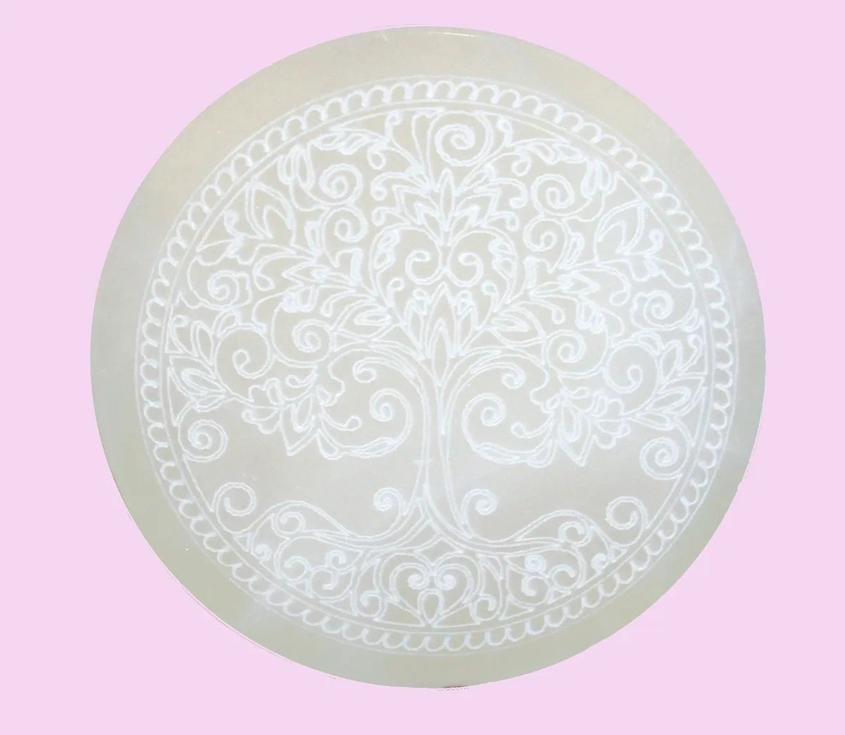 10cm Round Moroccan Selenite Tree of Life Charging Plate - 4"