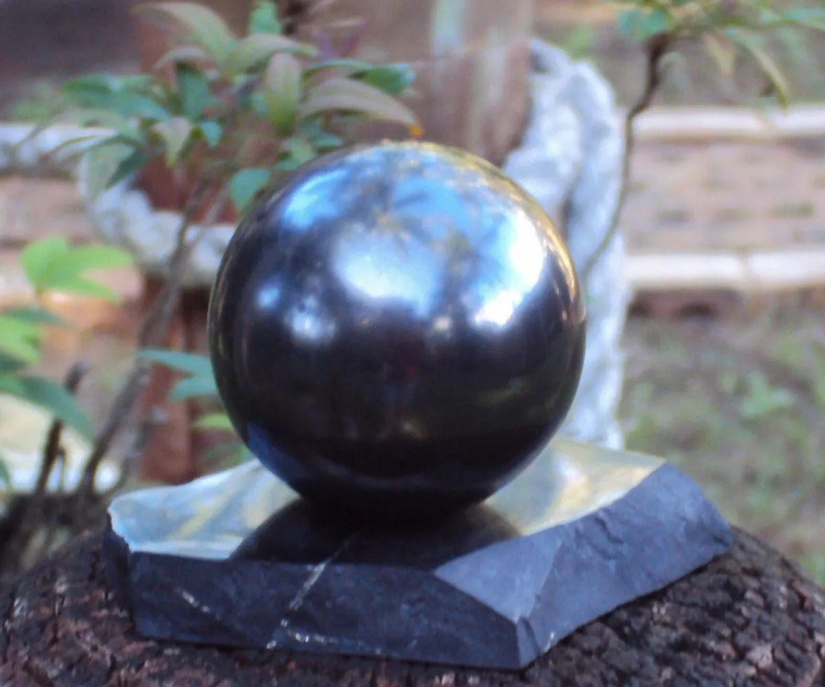 50mm Shungite Sphere + Stand, EMF Protection, Air Purifier Crystal Health Stone