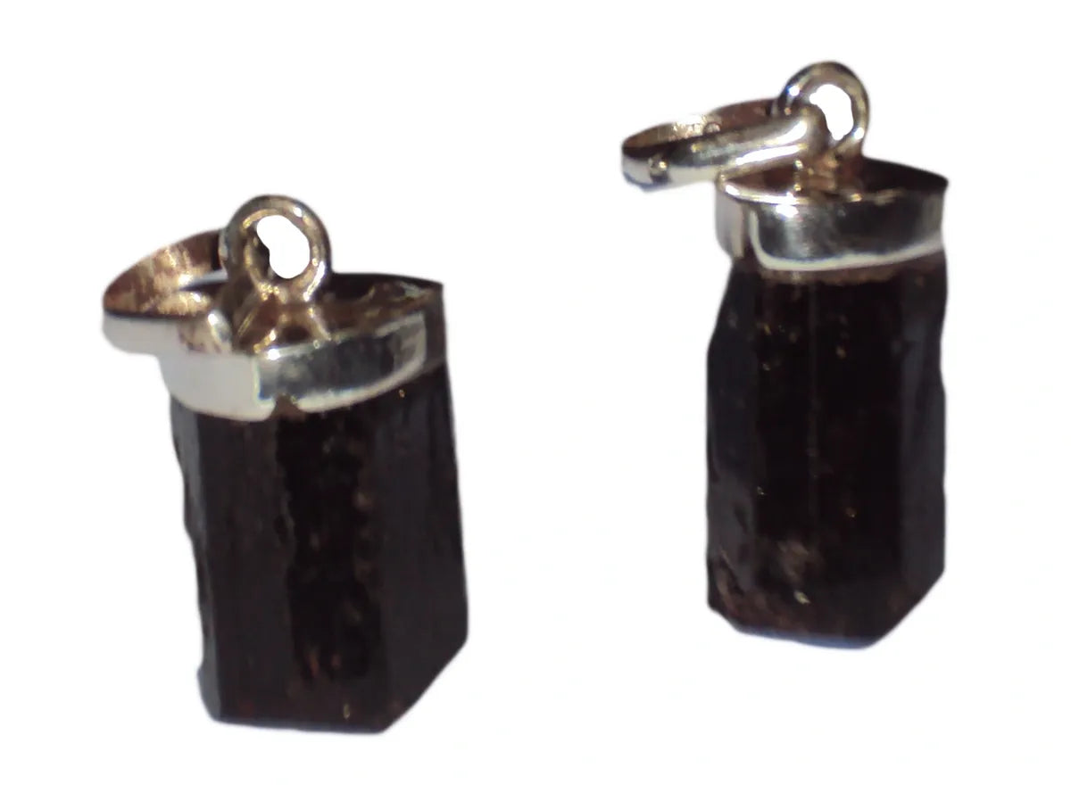 Black Tourmaline Pendant - Raw Natural Shape - 925 Silver + Cord