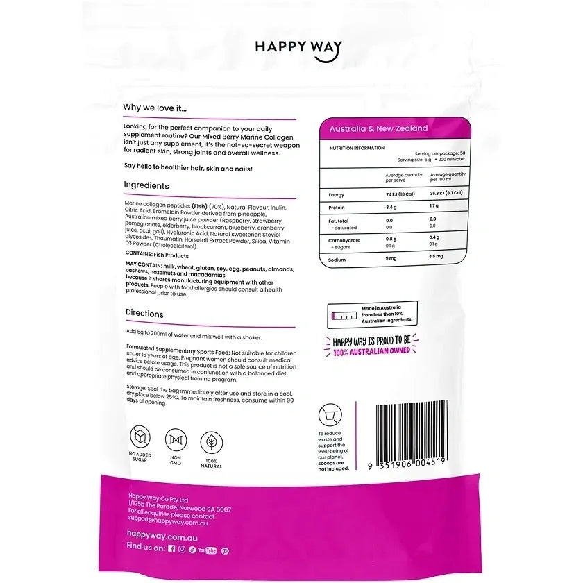 Marine Collagen + Vitamin D Mixed Berry 250g Protein Powder Happy Whey