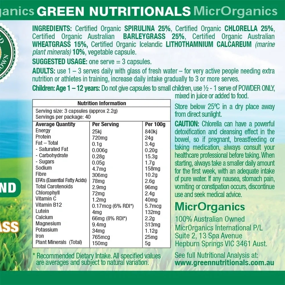 Organic Chlorella Spirulina Barley Grass Wheatgrass Green Superfoods 120 Capsule