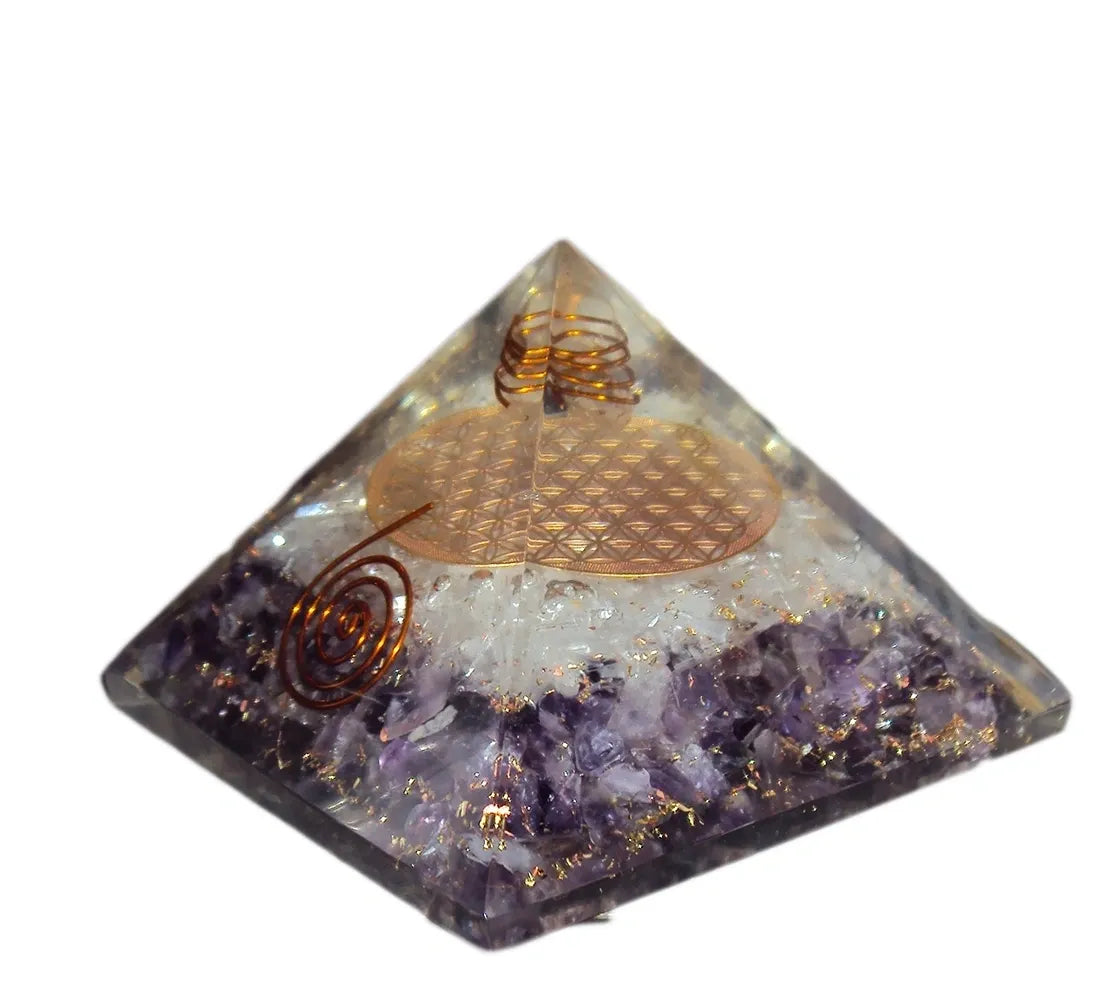 Organite Pyramid Amethyst Selenite Flower of Life Copper Coil Polished Orgone