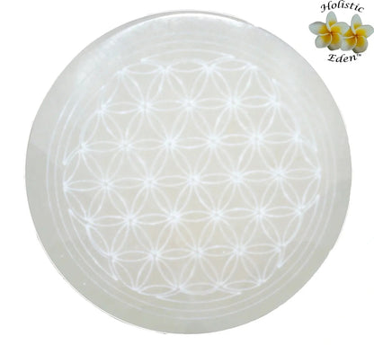 10cm Round Moroccan Selenite Flower of Life Charging Plate - 4"