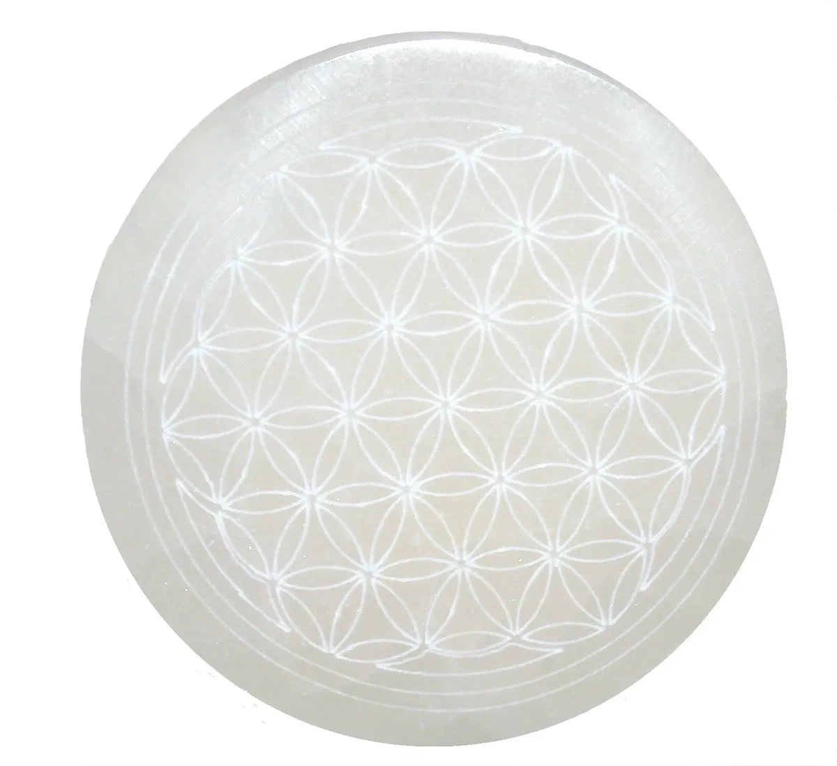 10cm Round Moroccan Selenite Flower of Life Charging Plate - 4"