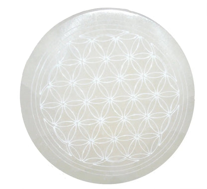 10cm Round Moroccan Selenite Flower of Life Charging Plate - 4"