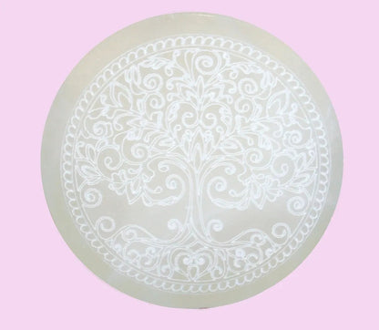 10cm Round Moroccan Selenite Tree of Life Charging Plate - 4"