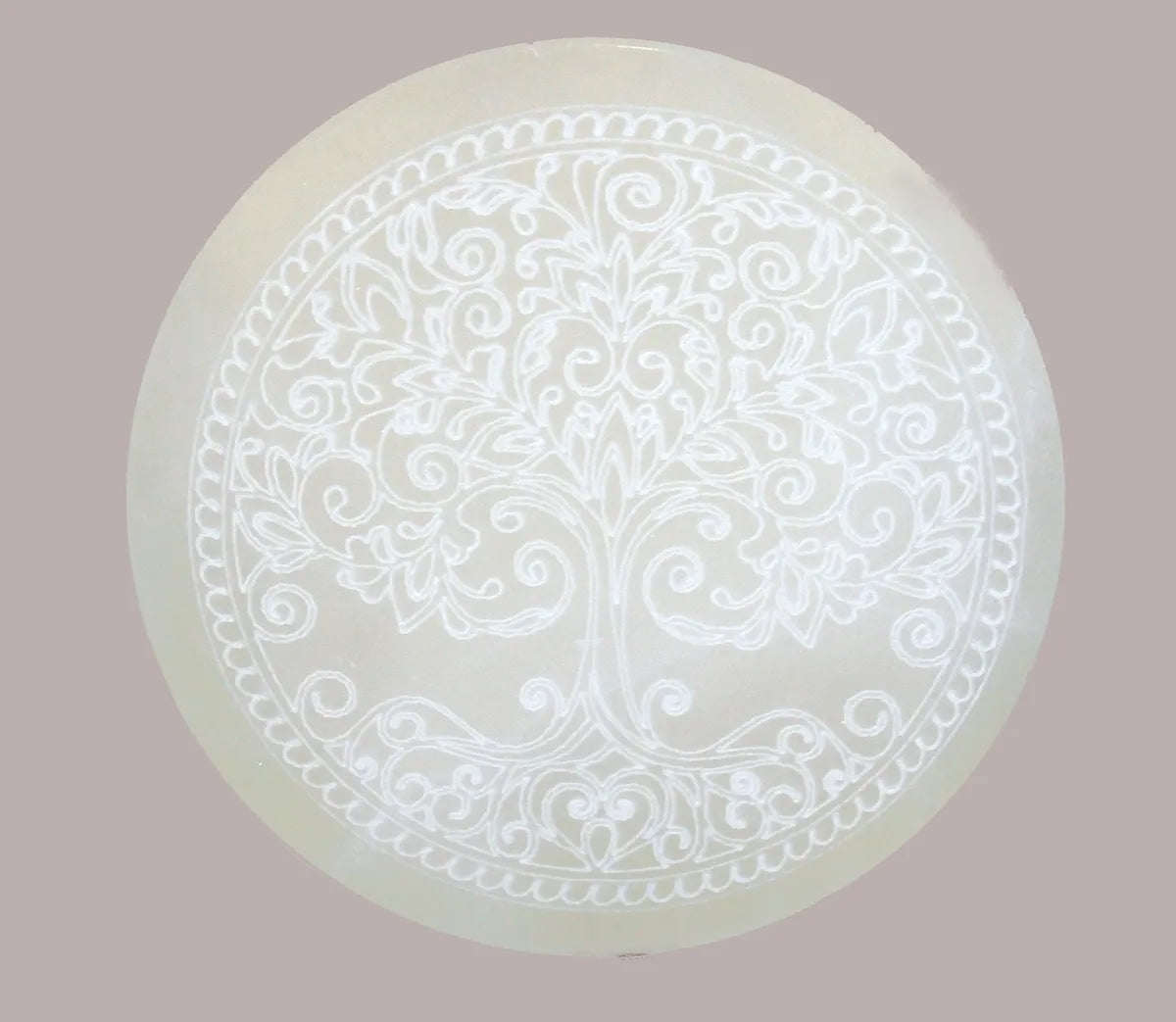 10cm Round Moroccan Selenite Tree of Life Charging Plate - 4"
