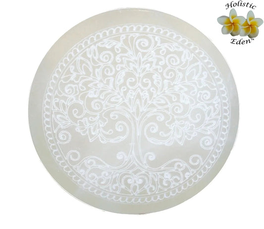 10cm Round Moroccan Selenite Tree of Life Charging Plate - 4"