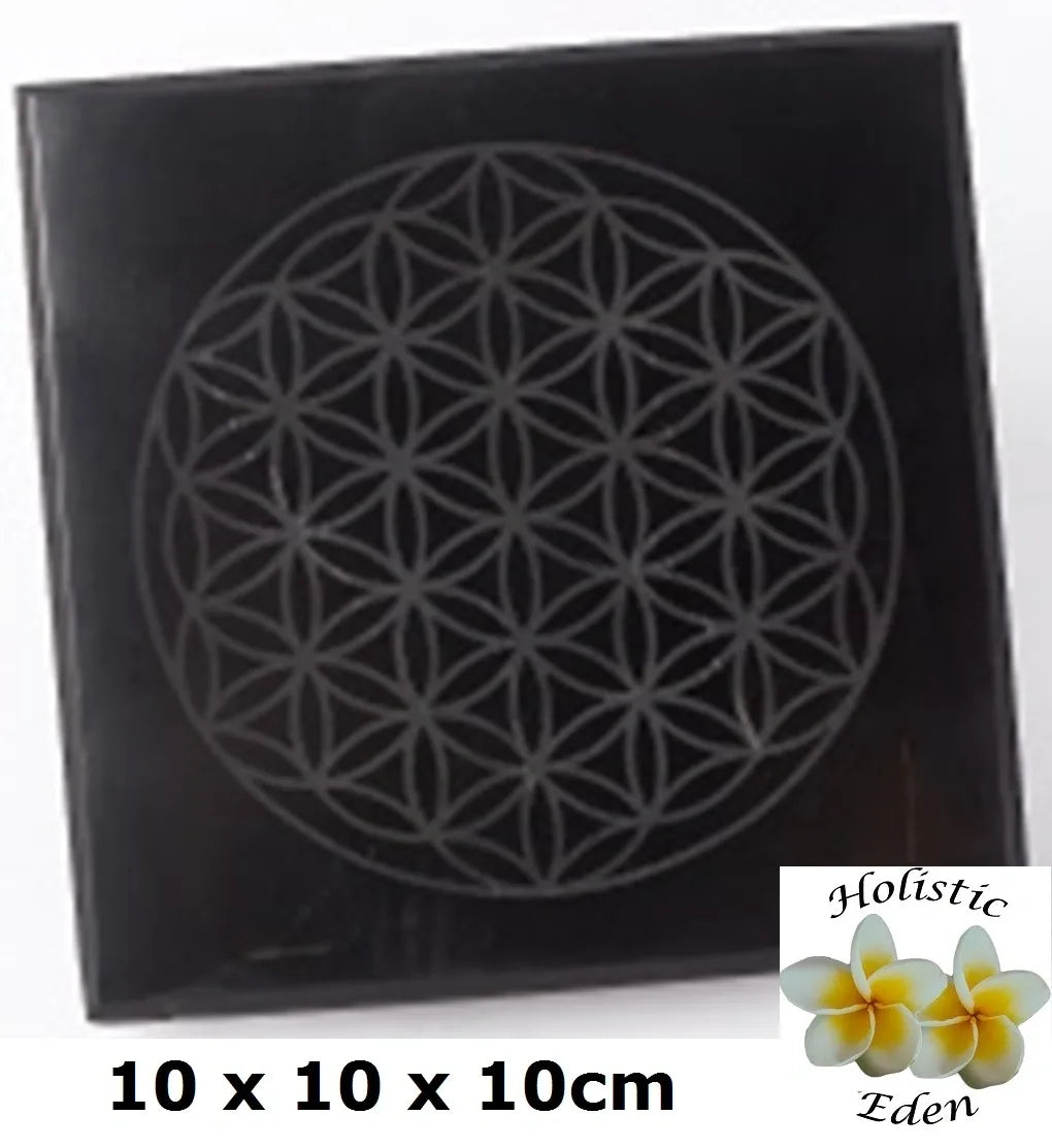 10 x 10cm Flower of Life Shungite Plate EMF Protection Phone Modem Router Coaster, Stand