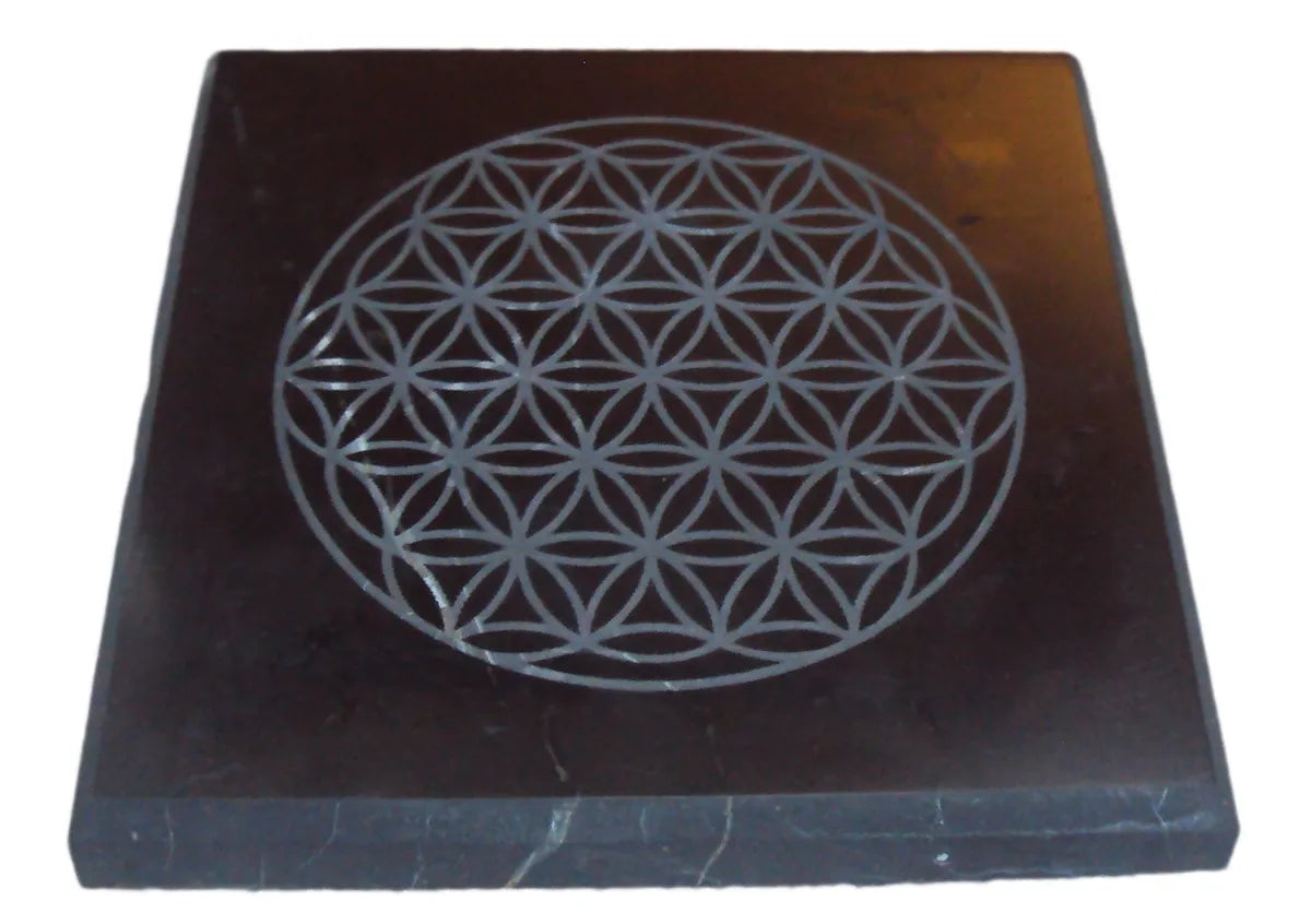 10 x 10cm Flower of Life Shungite Plate EMF Protection Phone Modem Router Coaster, Stand