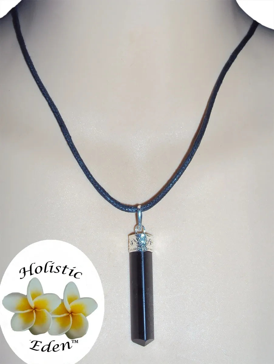 40mm Black Tourmaline Pendant - Raw Natural Shape - 925 Silver + Cord