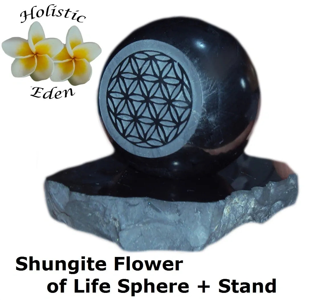 50mm Shungite Sphere + Stand, EMF Protection Crystal Health Stone Flower of Life