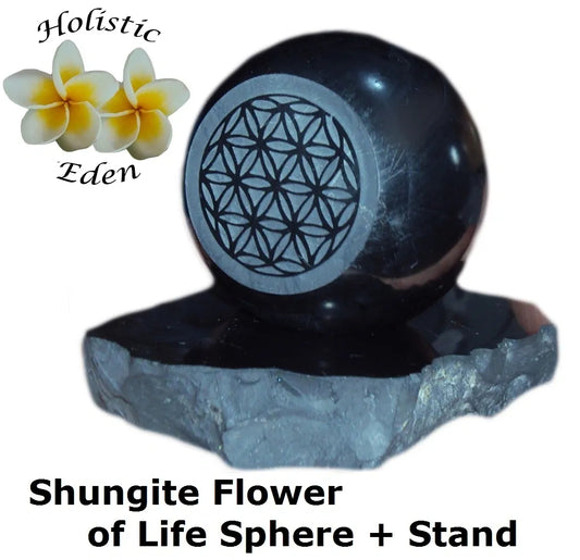 50mm Shungite Sphere + Stand, EMF Protection Crystal Health Stone Flower of Life