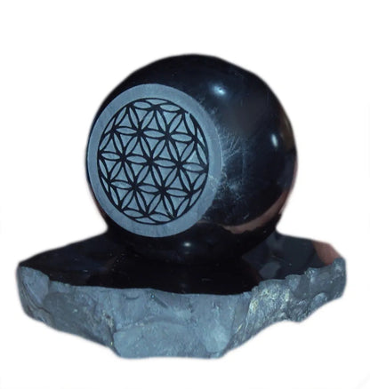 50mm Shungite Sphere + Stand, EMF Protection Crystal Health Stone Flower of Life