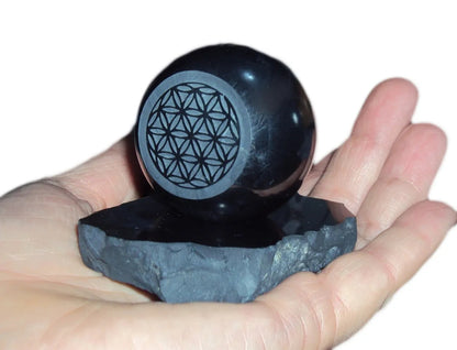50mm Shungite Sphere + Stand, EMF Protection Crystal Health Stone Flower of Life