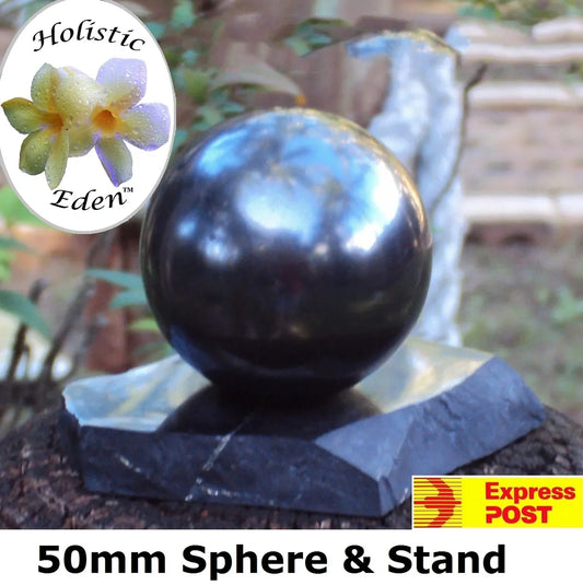 50mm Shungite Sphere + Stand, EMF Protection, Air Purifier Crystal Health Stone
