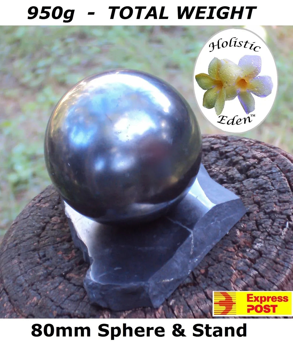 50mm Shungite Sphere + Stand, EMF Protection, Air Purifier Crystal Health Stone