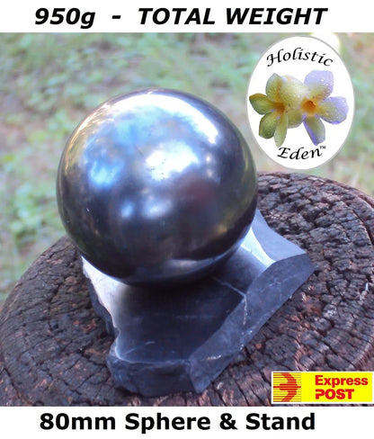 50mm Shungite Sphere + Stand, EMF Protection, Air Purifier Crystal Health Stone