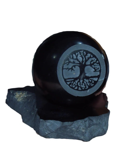 50mm Shungite Sphere + Stand, EMF Protection, Crystal Health Stone Tree of Life