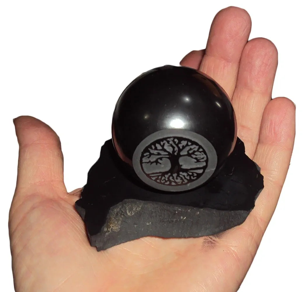 50mm Shungite Sphere + Stand, EMF Protection, Crystal Health Stone Tree of Life