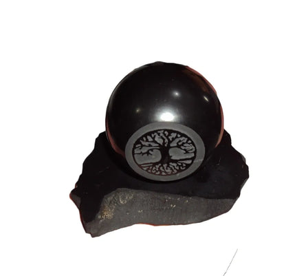 50mm Shungite Sphere + Stand, EMF Protection, Crystal Health Stone Tree of Life
