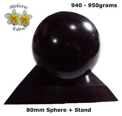 80mm Shungite Sphere + Stand, EMF Protection, Air Purifier Crystal Health Stone