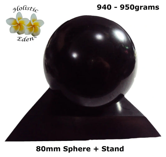 80mm Shungite Sphere + Stand, EMF Protection, Air Purifier Crystal Health Stone