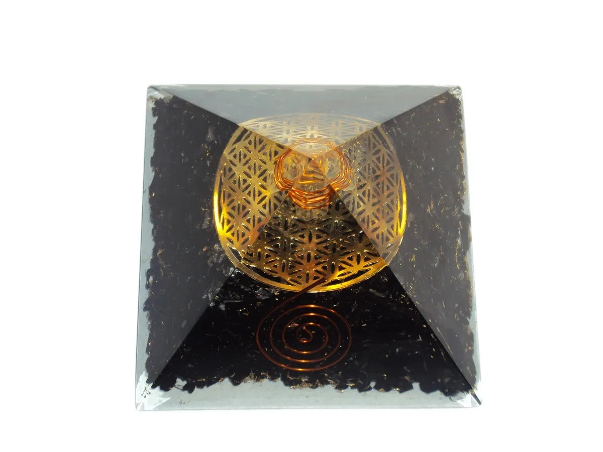 BLACK TOURMALINE Flower of Life Orgone Pyramid Natural Orgonite Crystal