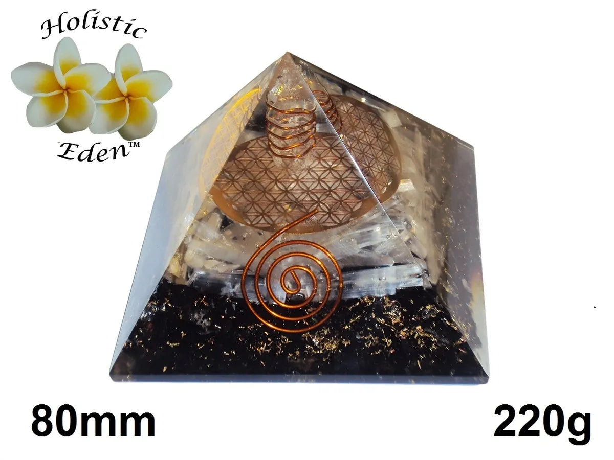 BLACK TOURMALINE SELENITE Flower of Life Orgone Pyramid Natural Orgonite Crystal