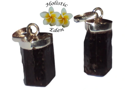 Black Tourmaline Pendant - Raw Natural Shape - 925 Silver + Cord