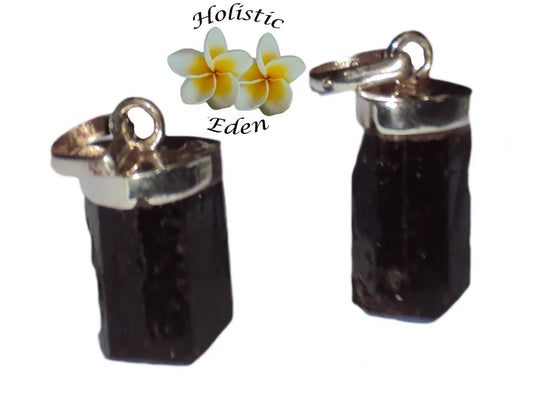Black Tourmaline Pendant - Raw Natural Shape - 925 Silver + Cord