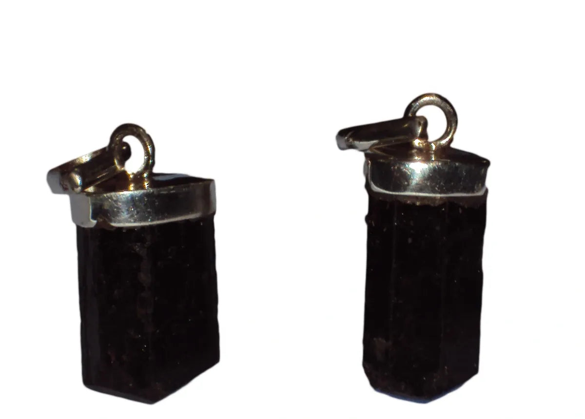 Black Tourmaline Pendant - Raw Natural Shape - 925 Silver + Cord