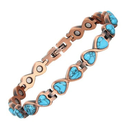 Copper Magnetic Bracelet Arthritis Pain Relief Turquoise Hearts Healing Bangle