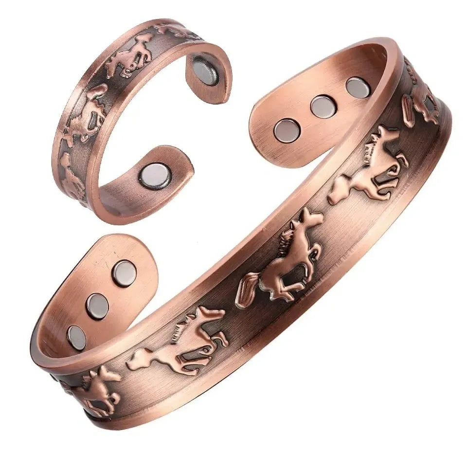 Copper Magnetic Horse Bracelet & Ring Set – Natural Pain Relief & Wellness Support (99.9% Pure Copper)