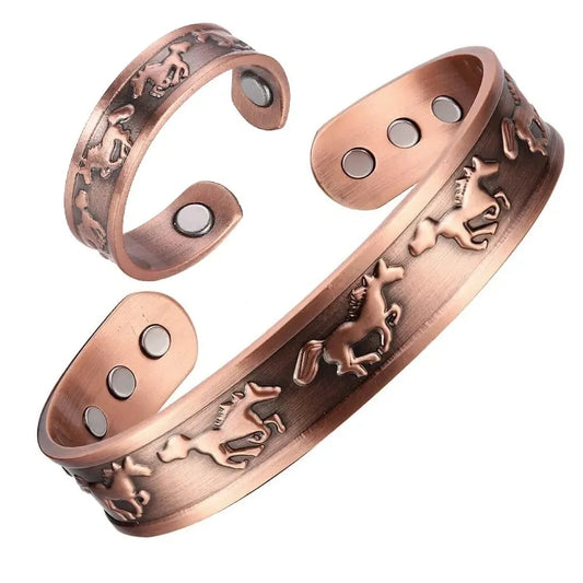 Copper Magnetic Horse Bracelet & Ring Set – Natural Pain Relief & Wellness Support (99.9% Pure Copper)