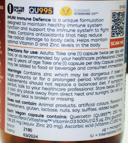 IMUNI Immune Defence, Quercetin Vitamin D3 Zinc Vitamin C, 60 Capsules GMO Free