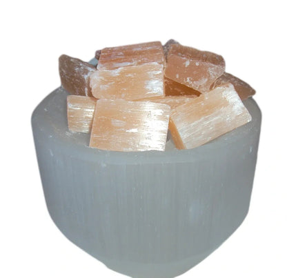 Moroccan Selenite Round Fire Bowl Light, High Quality Selenite Peach Crystal