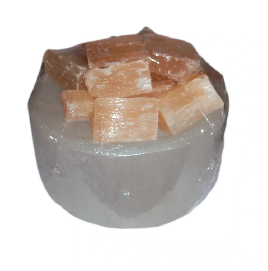 Moroccan Selenite Round Fire Bowl Light, High Quality Selenite Peach Crystal