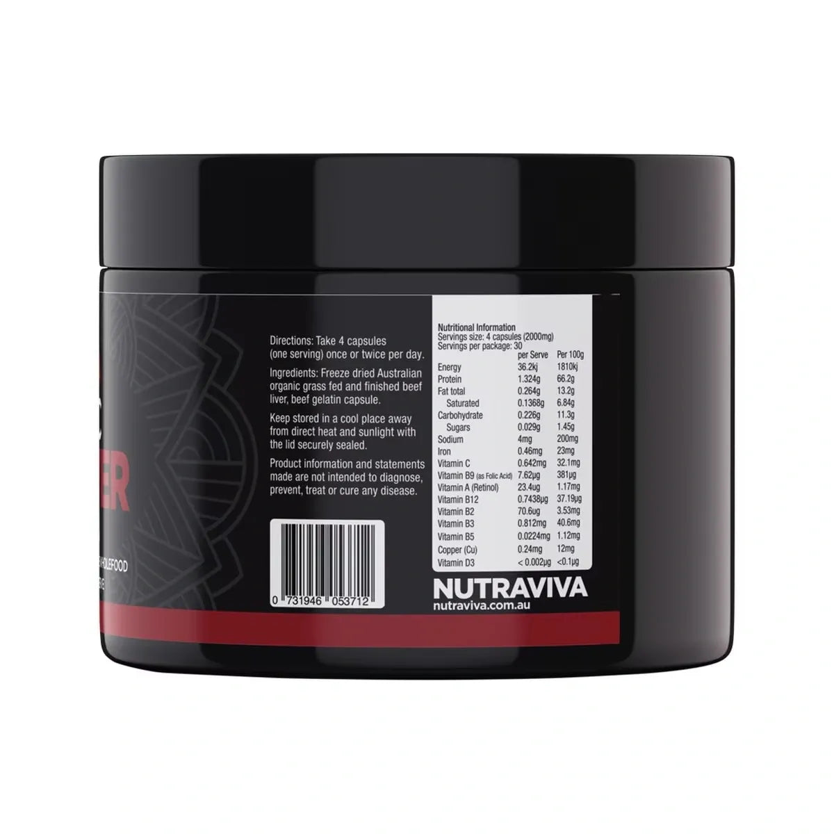 Nutraviva Organic Beef Liver Grass Fed, AU Sourced Non Defatted 120 Capsules