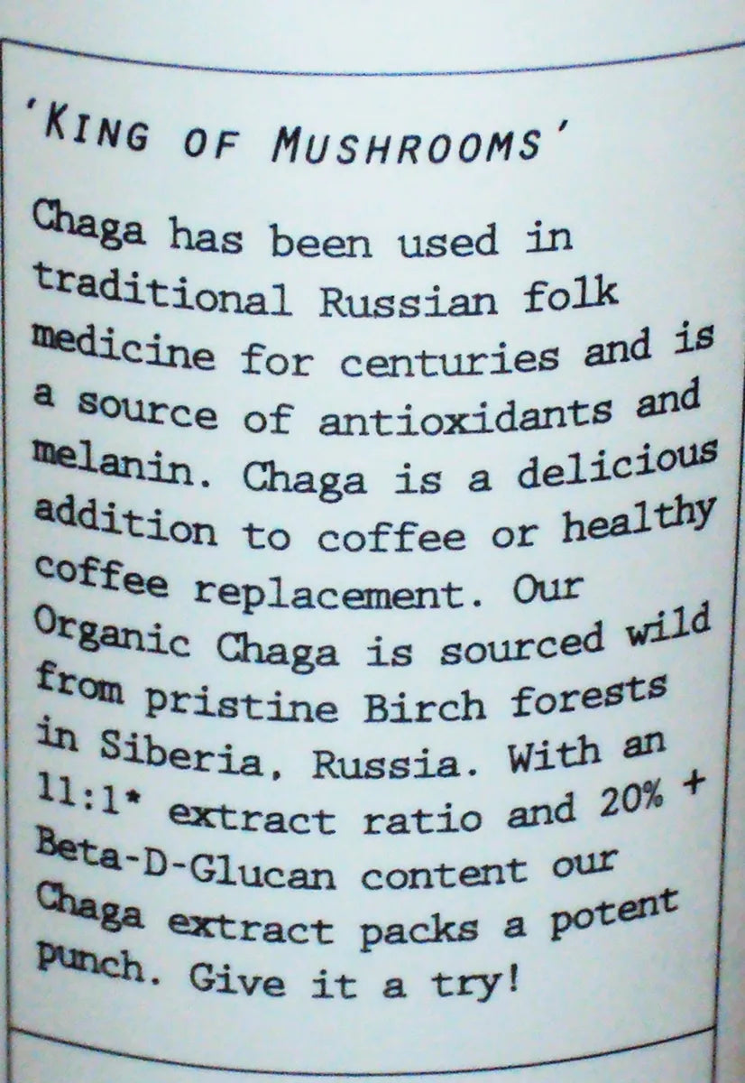 Organic Chaga Mushroom Powder Extract Siberia Birch Grown Anti-Inflammatory 100g