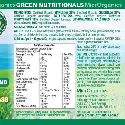Organic Chlorella Spirulina Barley Grass Wheatgrass Green Superfoods 120 Capsule