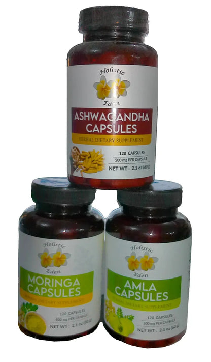 Organic Moringa Leaf, Amla Berry, Ashwagandha Root Powder Capsules, 120 Caps