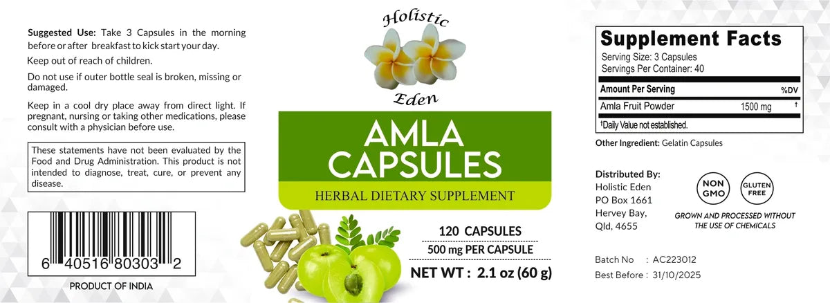 Organic Moringa Leaf, Amla Berry, Ashwagandha Root Powder Capsules, 120 Caps