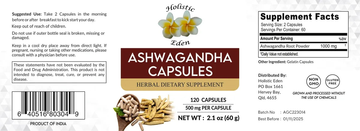 Organic Moringa Leaf, Amla Berry, Ashwagandha Root Powder Capsules, 120 Caps