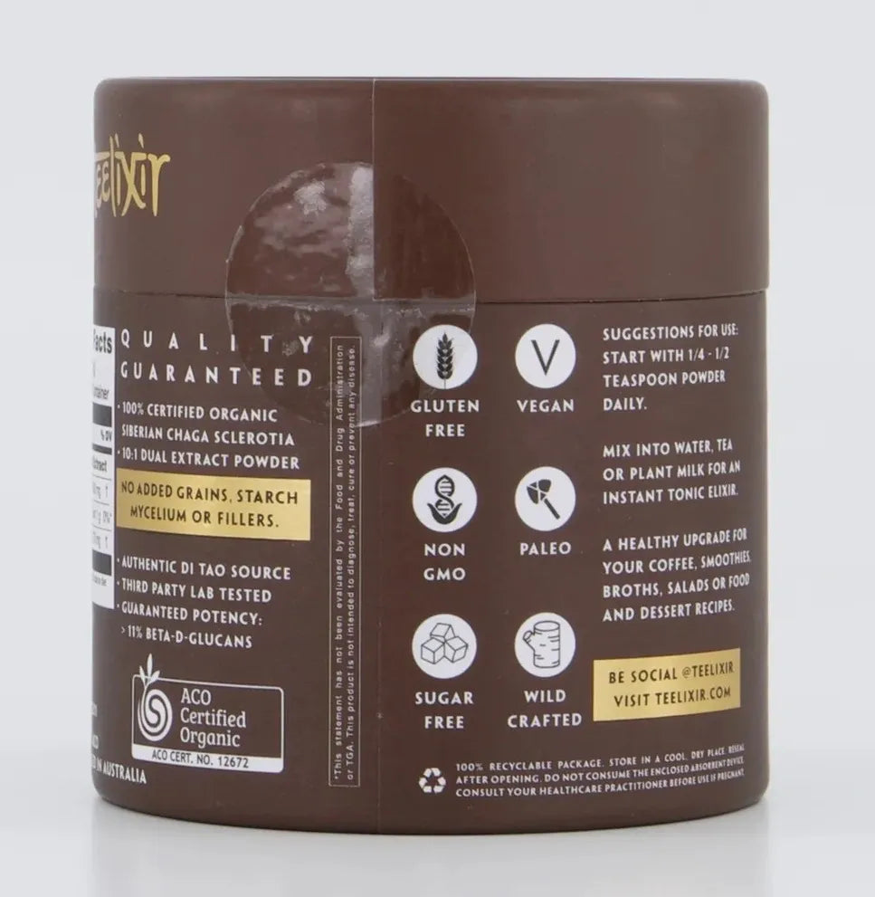 Organic Teelixir Chaga Mushroom Powder Extract Anti-Inflammatory, Immune Support 100g