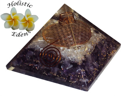 Organite Pyramid Amethyst Selenite Flower of Life Copper Coil Polished Orgone