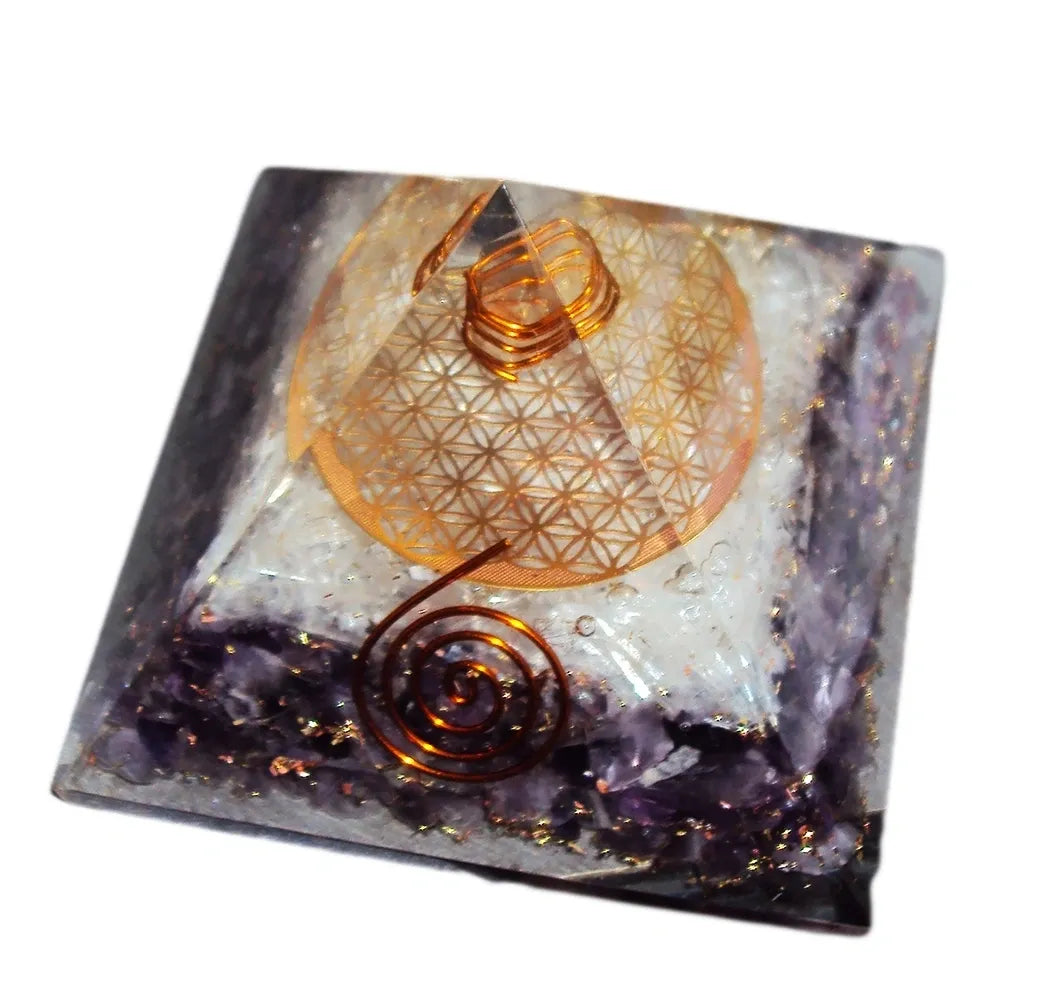 Organite Pyramid Amethyst Selenite Flower of Life Copper Coil Polished Orgone