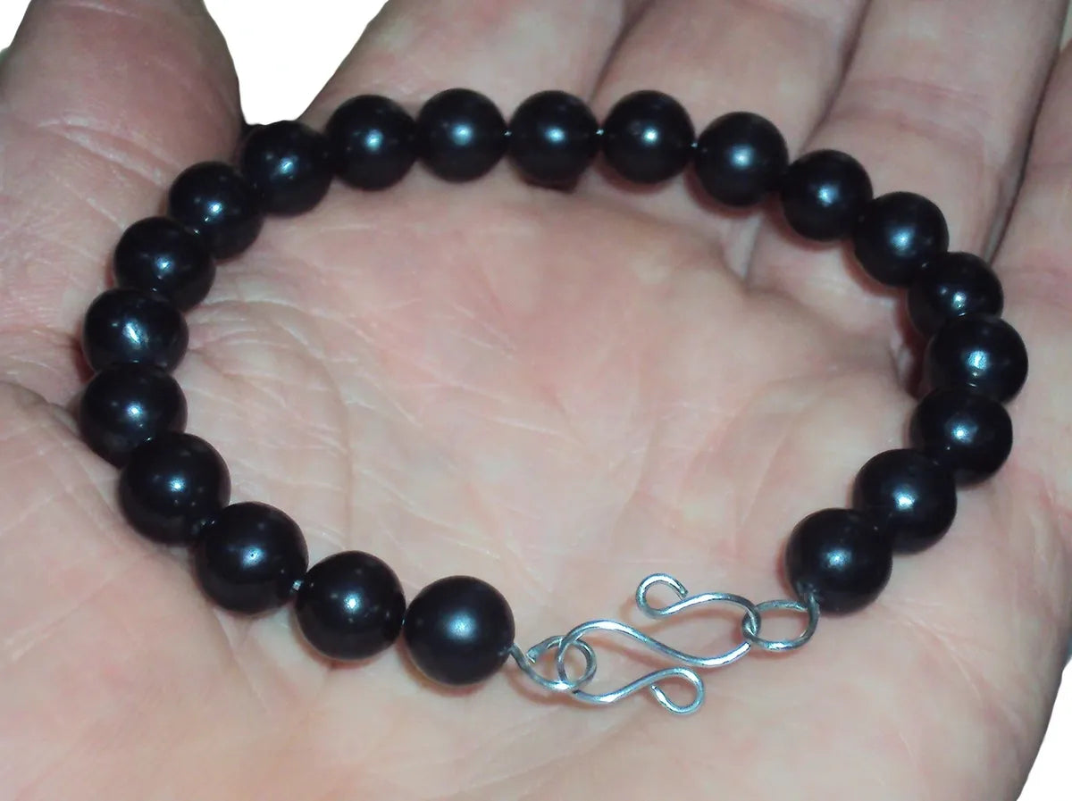 RUSSIAN SHUNGITE 8MM BEAD BRACELET KARELIAN SHUNGITE, STAINLESS STEEL WIRE
