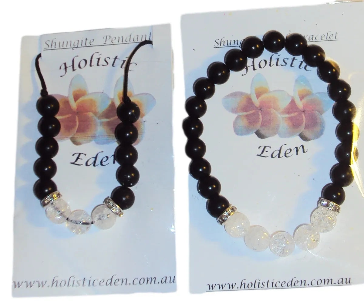 Shungite Bead Bracelet Pendant, Genuine Russian Shungite Cracked Quartz Necklace