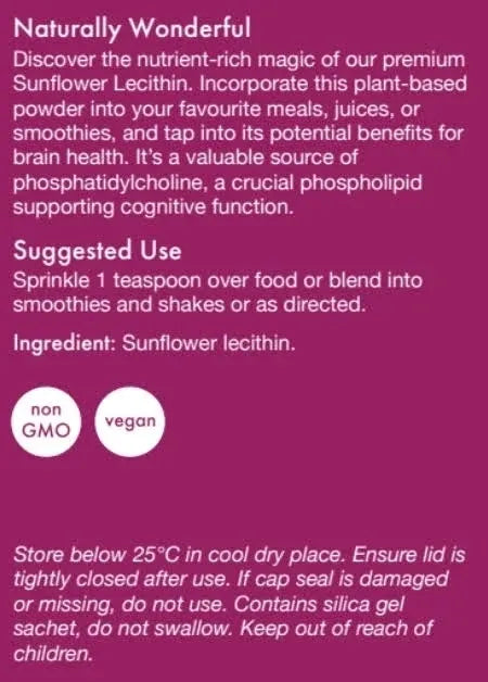 Wonder Foods Sunflower Lecithin Powder 250g Cognitive Function GMO FREE, VEGAN